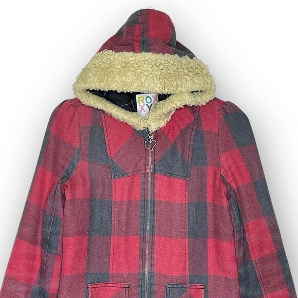 Roxy Red Buffalo Plaid Faux Fur Grunge Goth Emo Y2K Jacket Skate Size Small - Picture 3 of 10